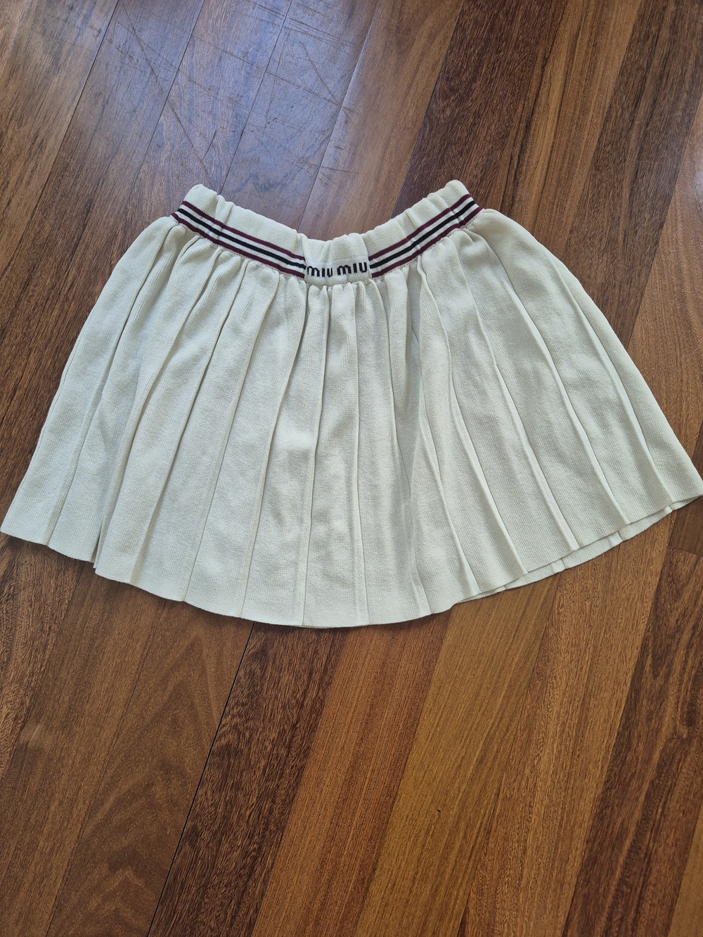 Cream Pleated Tennis Skirt with Stripe Waistband